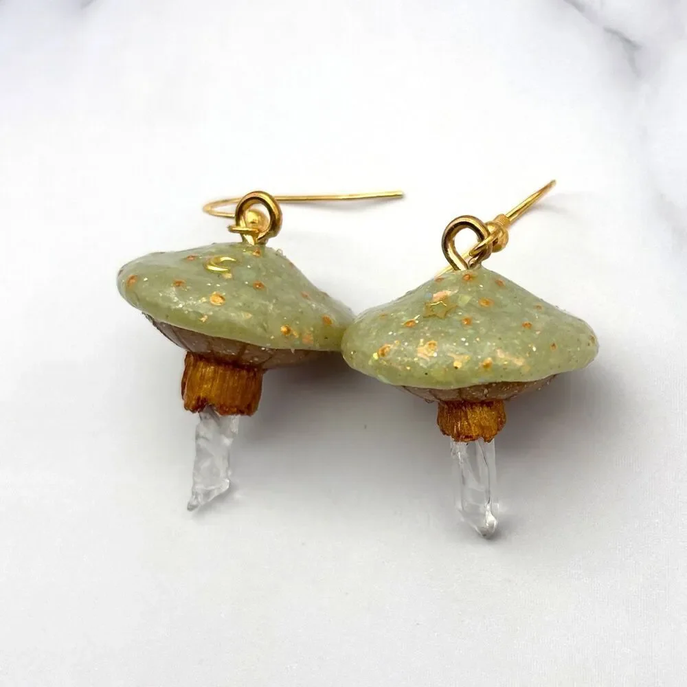 Green Mushroom Quartz Crystal Earrings | Polymer Clay Dangle with Moon and Star